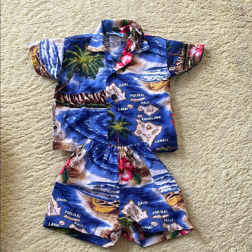 Blue and Green Pajama Set with Tropical Island Theme
